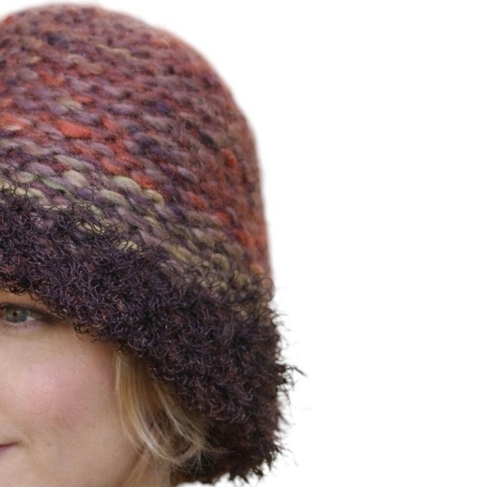 Vintage Maggib Knit Cloche Hat Textured Fuzzy Trim Multicolor Boho Fall Winter